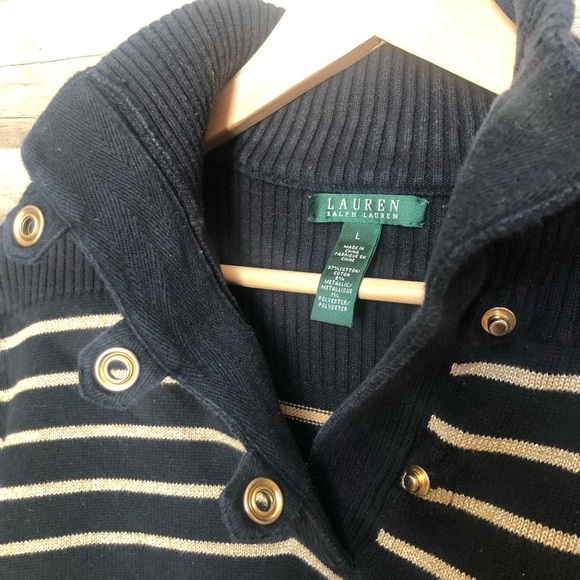 Lauren Ralph Lauren Navy  and Gold Cotton Knit  Turtleneck Sweater Large - Picture 5 of 8